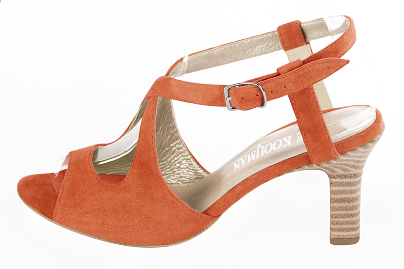 Clementine orange women's open back sandals, with crossed straps. Round toe. High kitten heels. Profile view - Florence KOOIJMAN